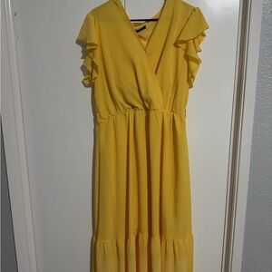 Yellow Flutter Sleeve V-Neck Midi Dress for Wedding Guest